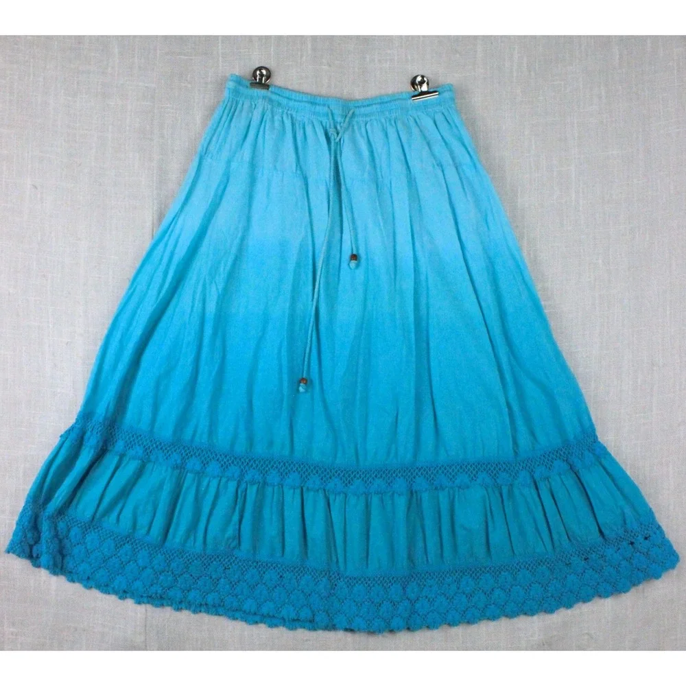 Bobbie Brooks Turquoise Blue Cotton Gauze Crochet Lace Trim Maxi Peasant Skirt M